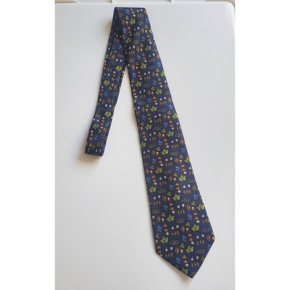 Salvatore Ferragamo 100% Silk Tie Leaves Mushroom Acorn Blue Made in Italy - Picture 1 of 13